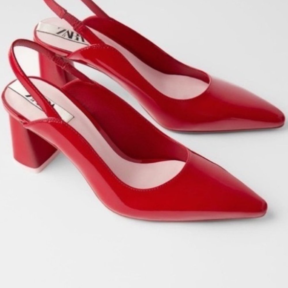 NWT ZARA Red Patent Pointed Block Heel Slingback EU 37